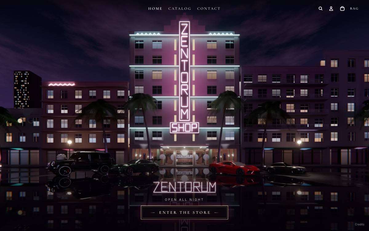 Zentorum homepage: a neon hotel at night with cars out front